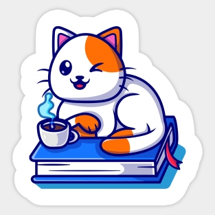 Cat Reads Book Drinks Coffee Sticker